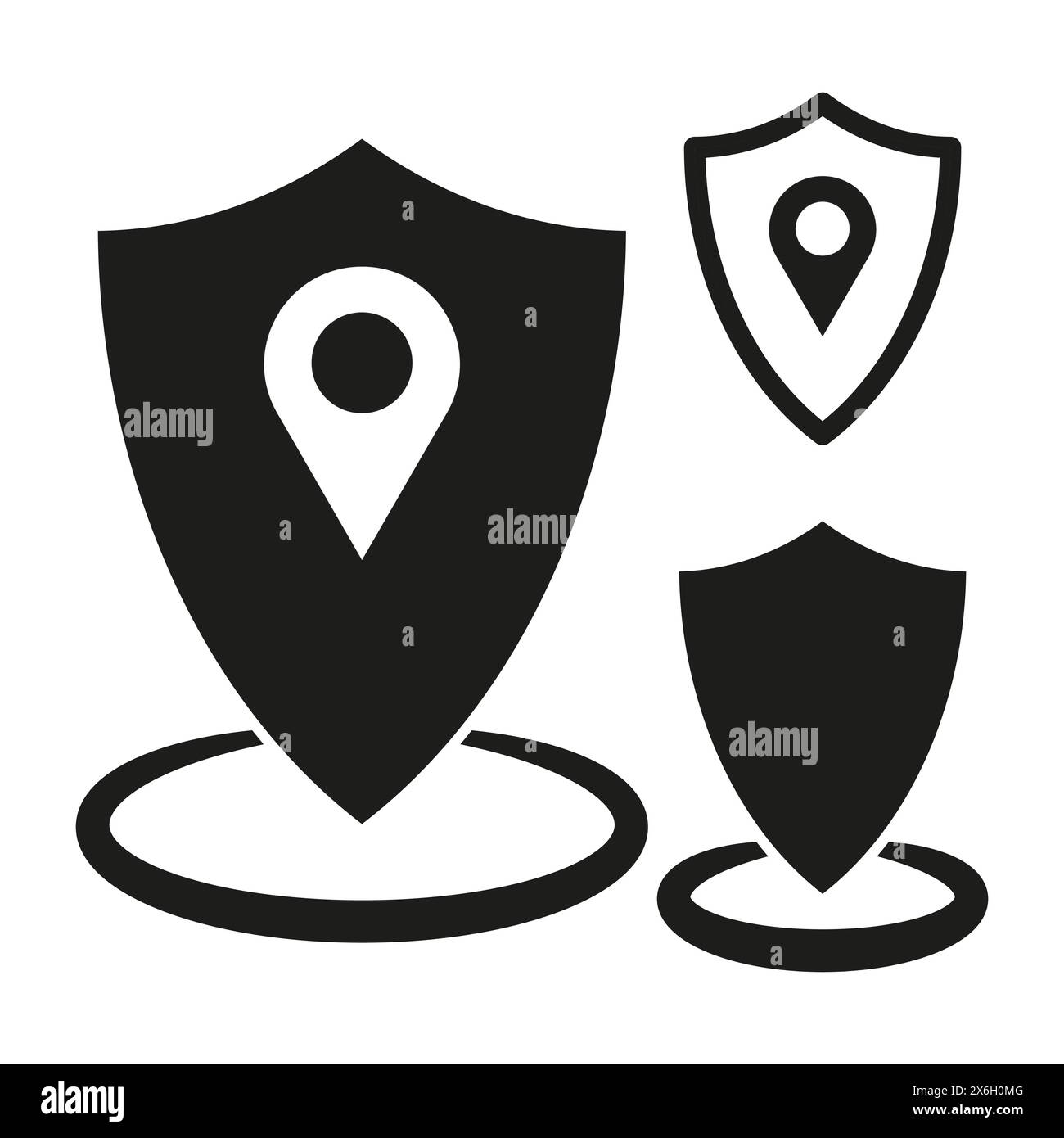 Location protection icons. Privacy shields with pin. Secure placement symbols. Geolocation safety signs. Vector illustration. EPS 10. Stock Vector