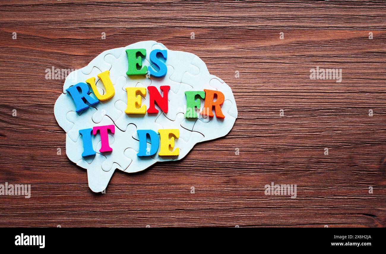 Multicolored two-letter language codes arranged on top of a brain-shaped puzzle set on a dark wooden background with copy space. Interconnectedness of Stock Photo