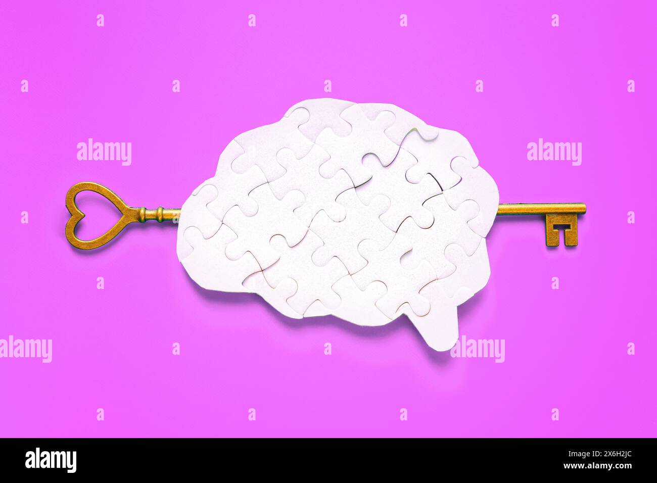 Long key gracefully inserted into a human brain-shaped puzzle, against a soft purple background. Unlocking of brilliance and intellect. Stock Photo
