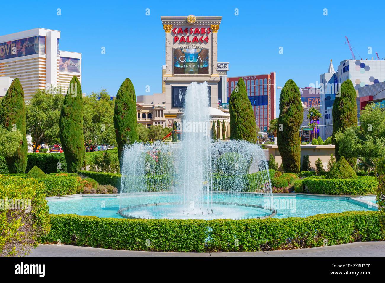Las Vegas, Nevada - April 13, 2024: Tranquil Garden and Fountain at the Heart of Las Vegas Strip Stock Photo