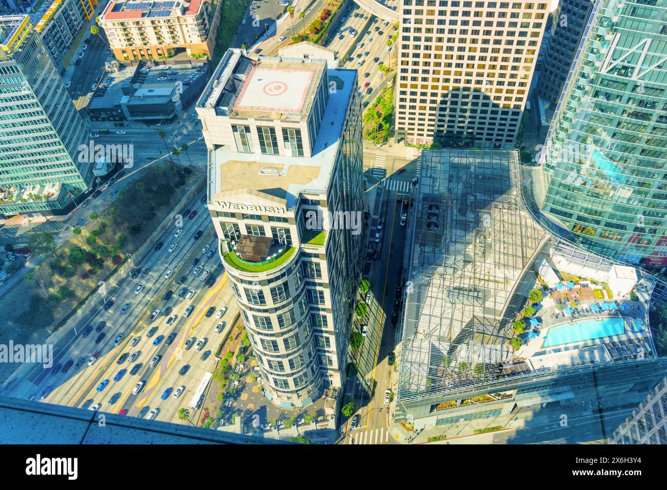 Los Angeles, California - April 12, 2024: Wedbush Center Building in Los Angeles From a Lofty Perspective Stock Photo