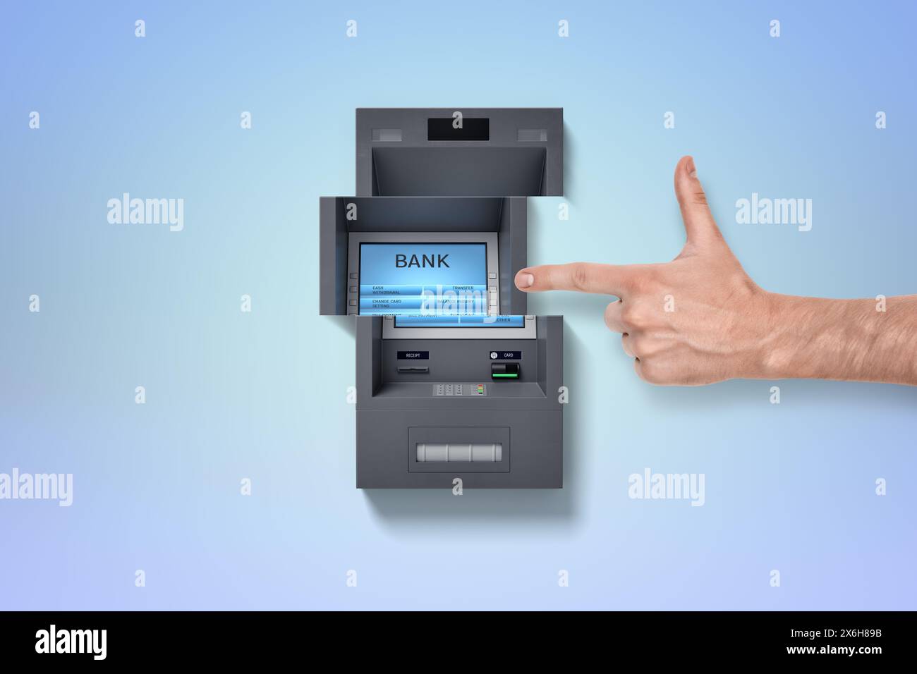 Hand pointing at a 3D ATM illustration Stock Photo