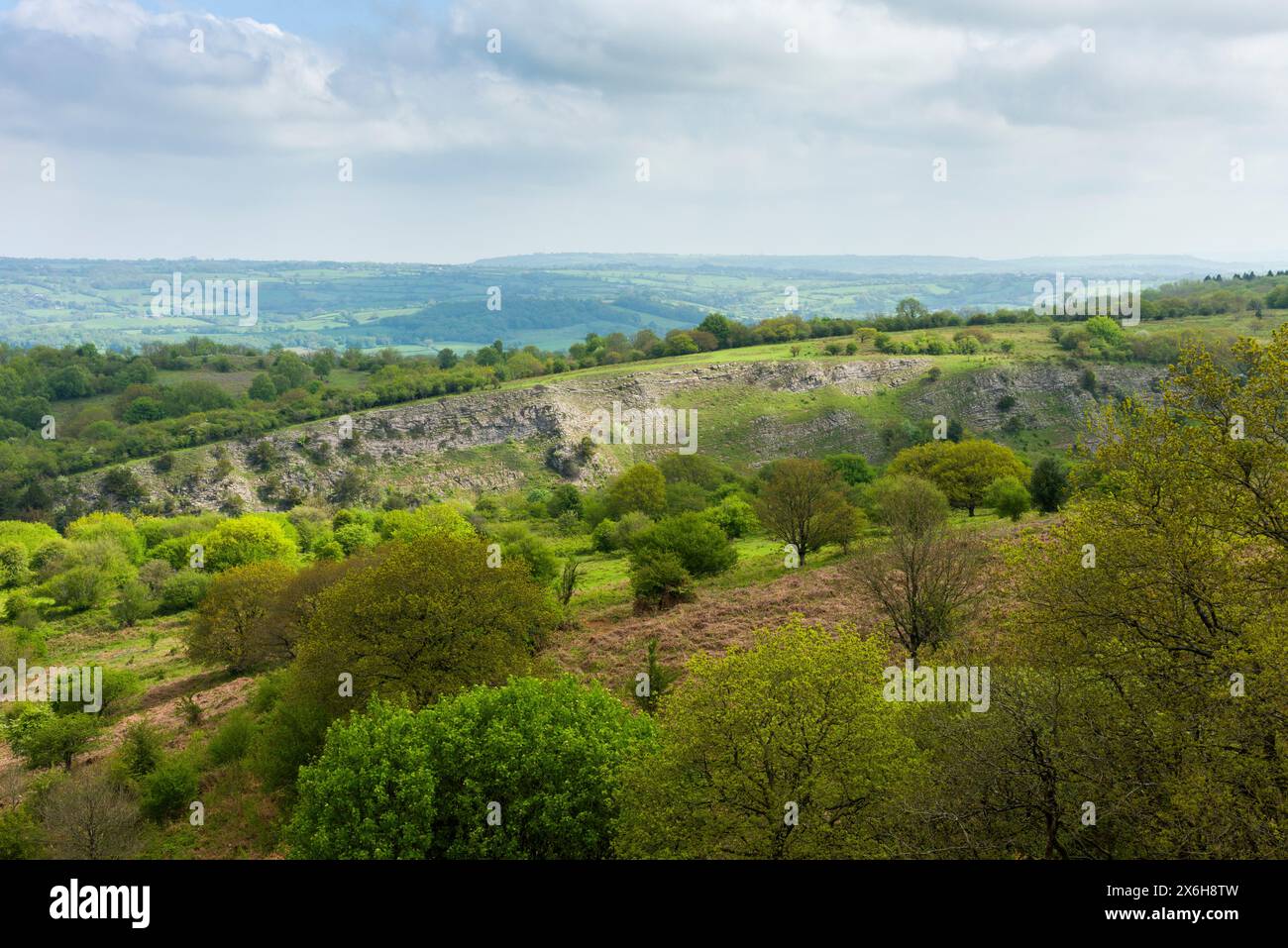 Burrington Combe on the northern slopes of the Mendip Hills National Landscape from Black Down, Somerset, England. Stock Photo