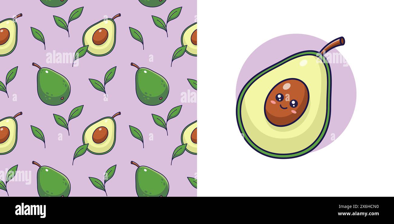 Set of Cute Kawaii Avocado pattern and illustration. Food fruit flat ...