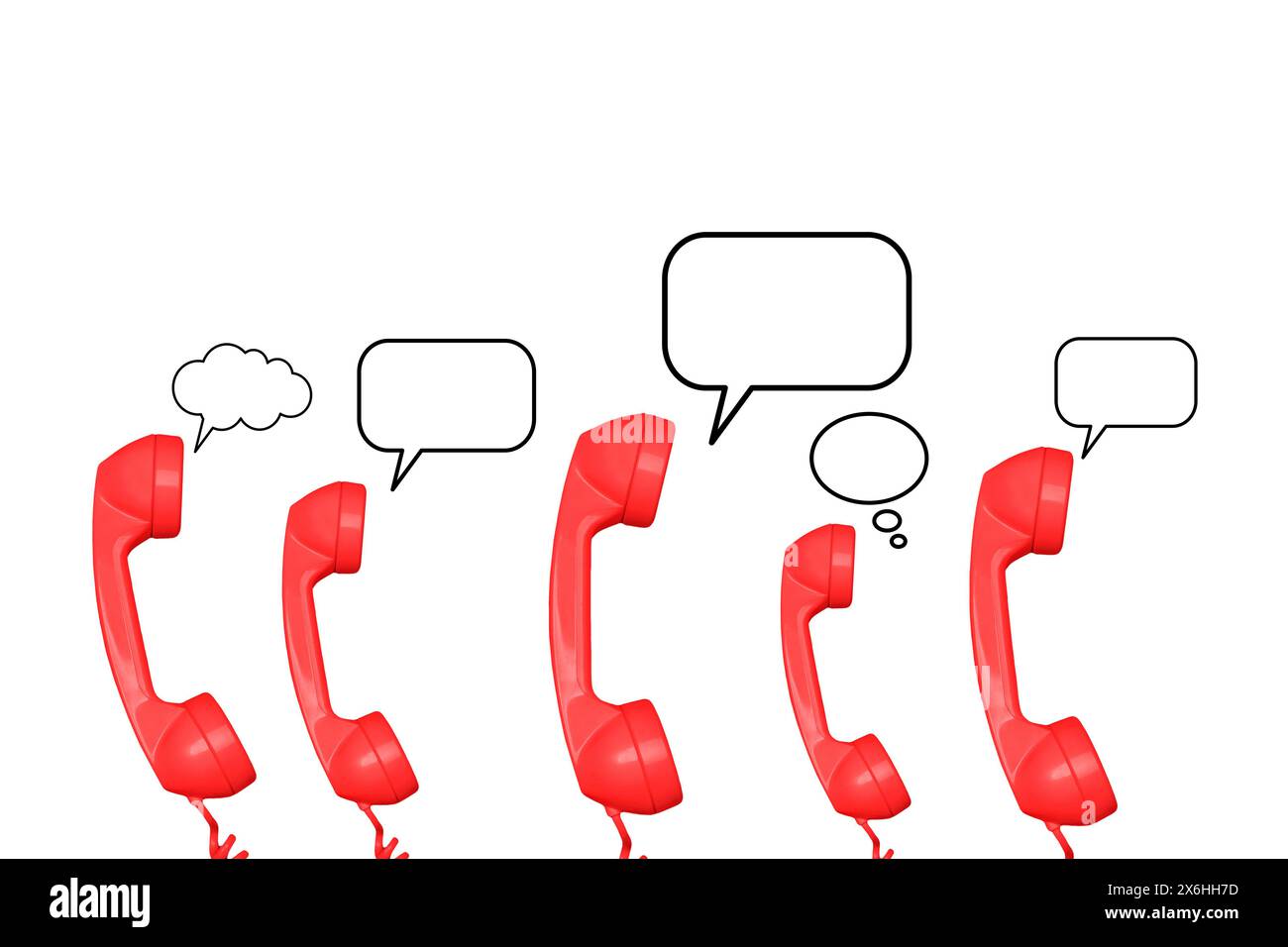 Red telephone handsets with blank speech bubbles on a white background with copy space Stock Photo