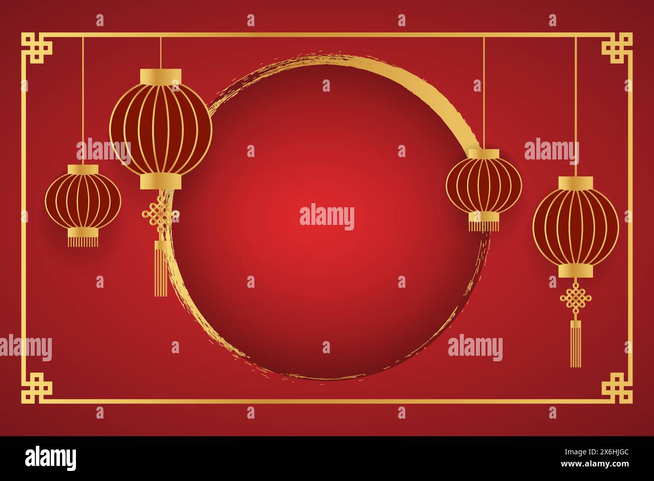 Chinese new year, gold and red, template for greetings, banner, poster. With Chinese lanterns, copy space Stock Vector