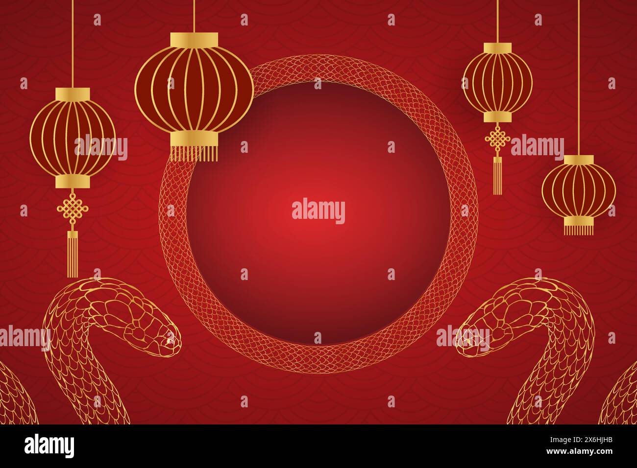Chinese new year, gold and red, template for greetings, banner, poster. 2025 snake and Chinese lantern  copy space Stock Vector
