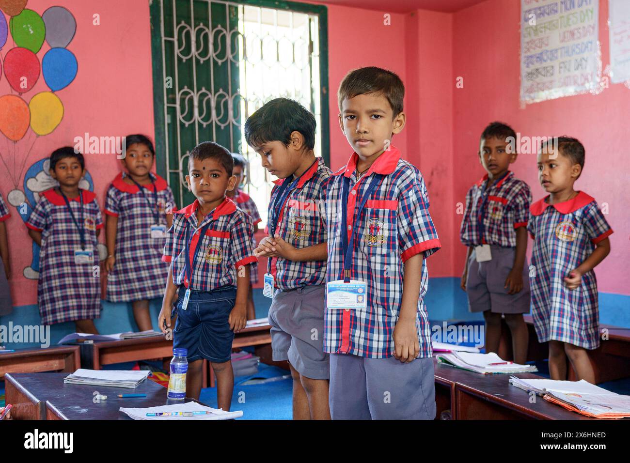 Kolkata, India - 20 October 2024: boys in uniform in a primary school classroom in an indian school. Concept of growth, education, inspiration and chi Stock Photo