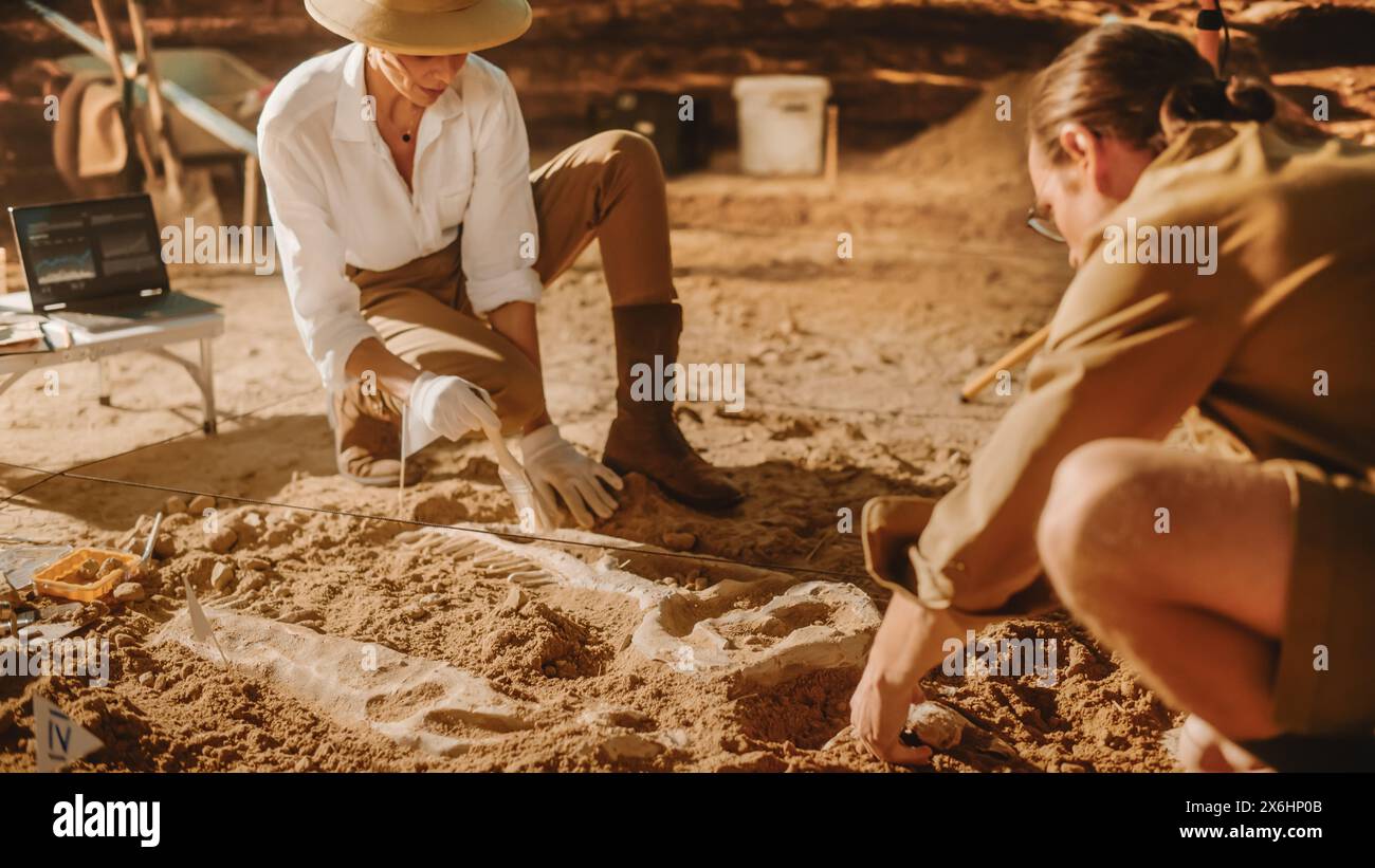 Archaeological Digging Site: Two Great Paleontologists Discovered Fossil Remains of Prehistoric Dinosaur, Clean it with Brushes. Archeologists Work on Excavation Site, Discover New Species Bones Stock Photo