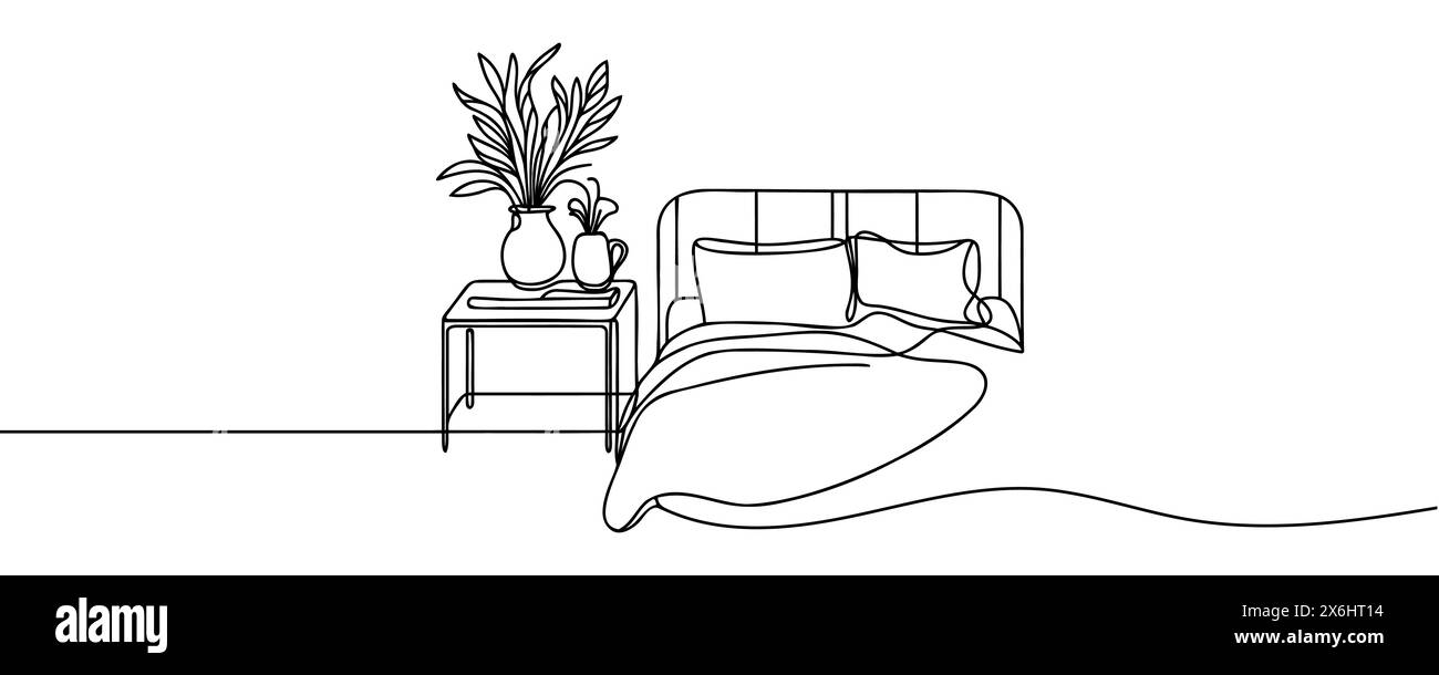 Continuous single line drawing of a double bed and table with a potted plant in a simple linear style. Vector illustration. Stock Vector