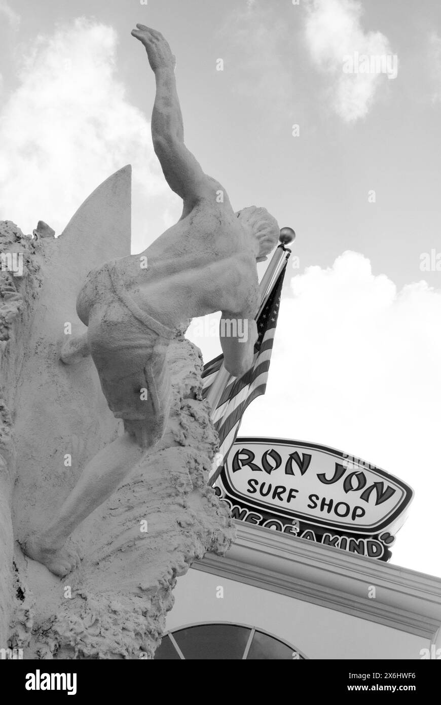 Ron Jon Surf Shop sign and surfer statue at Cocoa Beach, Florida, USA. Stock Photo