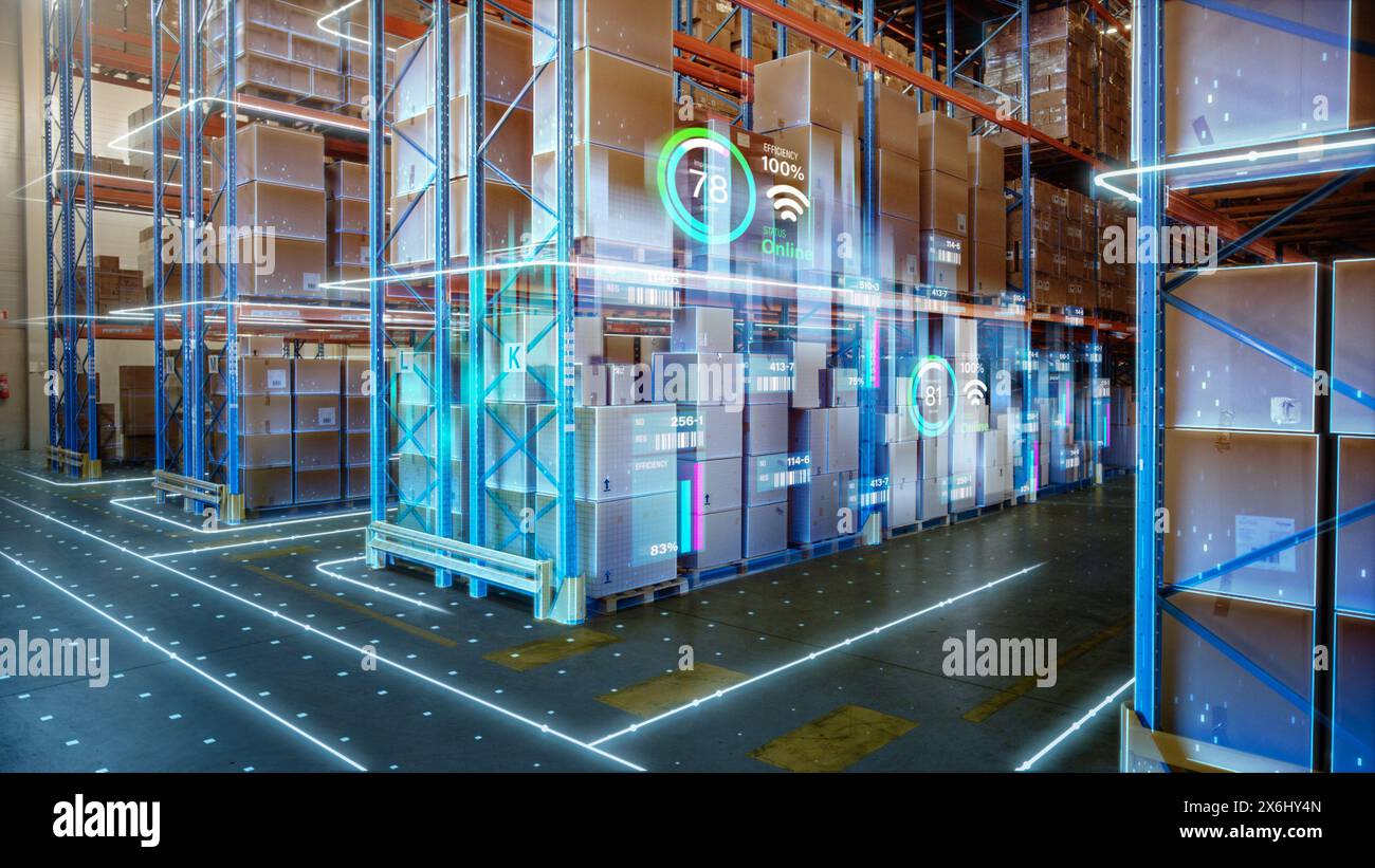 Futuristic Technology Retail Warehouse: Digitalization and Visualization of Industry 4.0 Process that Analyzes Goods, Cardboard Boxes, Products Delivery Infographics in Logistics, Distribution Center Stock Photo