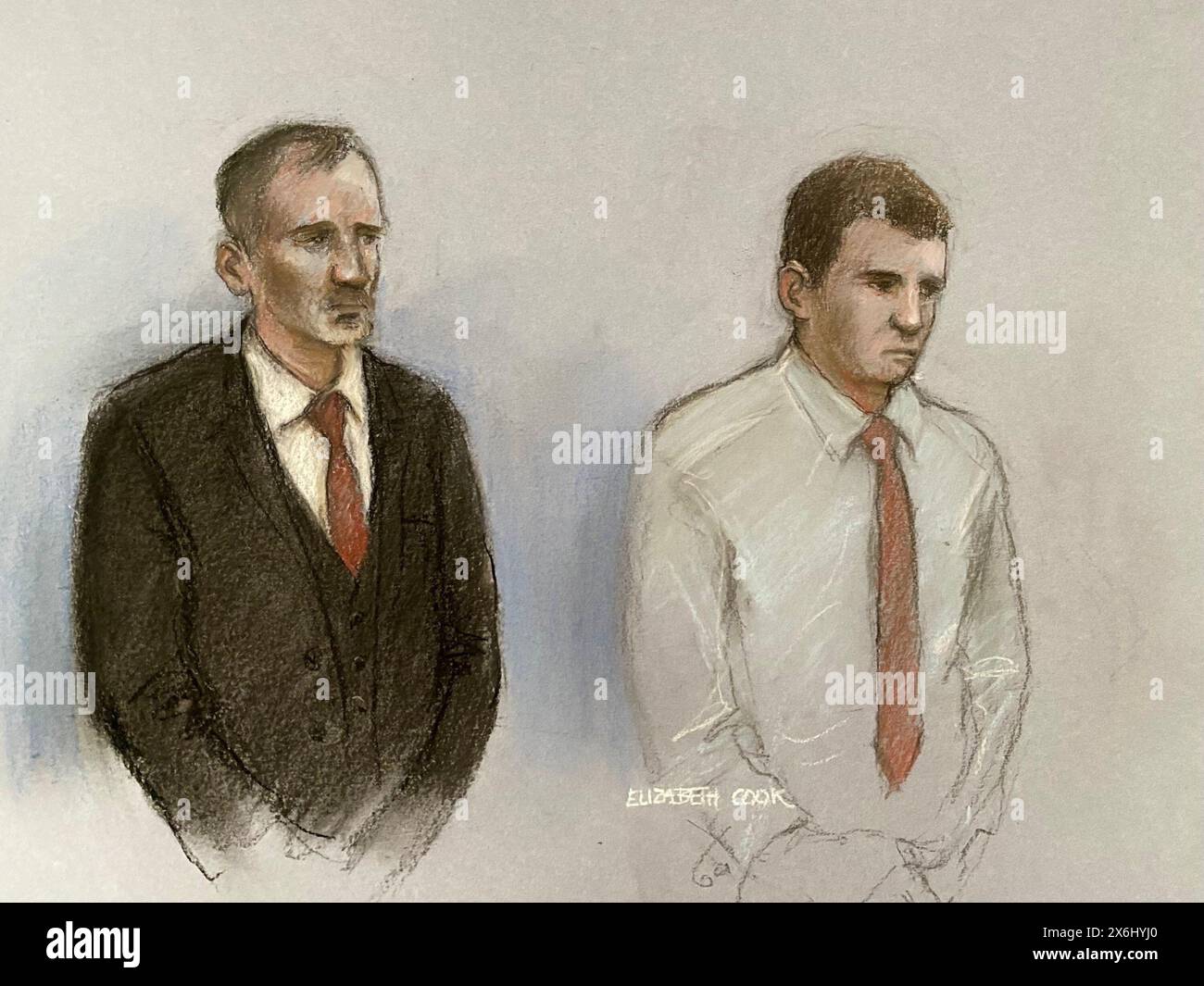 Court artist sketch by Elizabeth Cook of Daniel Graham, 38, (left)of