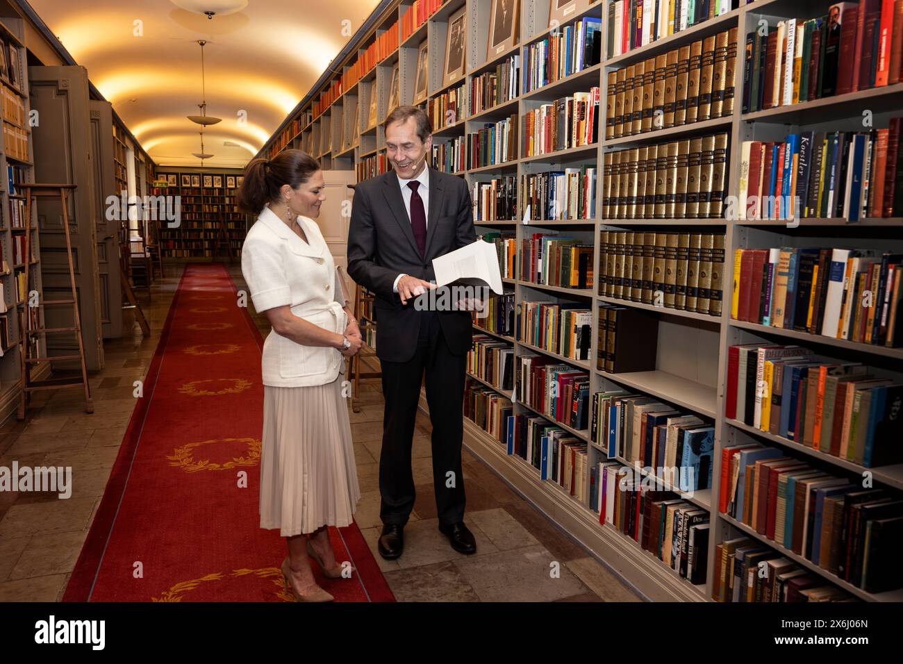 Stockholm, Sweden. 15th May, 2024. Crown Princess Victoria of Sweden attends the celebration of the new Swedish Academy Dictionary (SAOB), at the Swedish Academy in Stockholm Sweden, Wednesday May 15, 2024. Here the Crown Princess is seen together with Mats Malm, Permanent Secretary of the Swedish Academy. Photo: Anders Wiklund/TT/Code 10040 Credit: TT News Agency/Alamy Live News Stock Photo