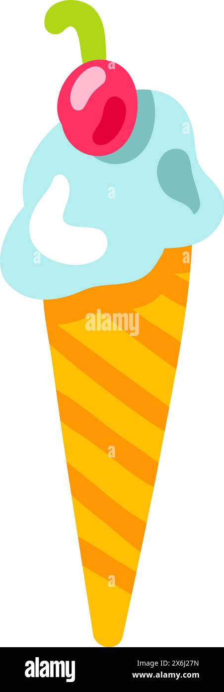 Ice cream in waffle cone drawn by child. Bright childish careless sweet