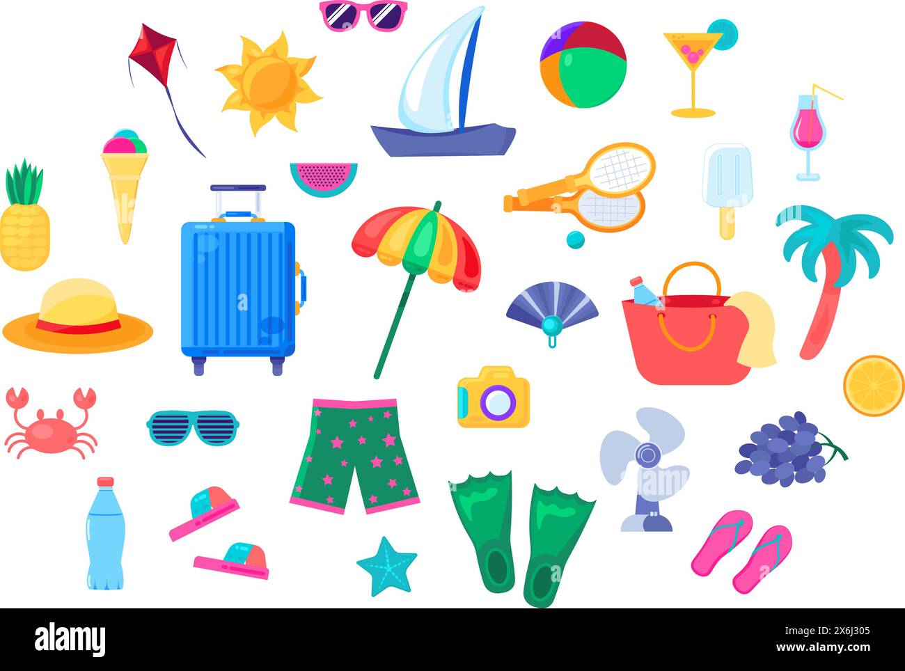 Large kit of items for beach resort holidays. Collection of accessories and clothing, sports equipment and travel supplies. Set of multicolored icons Stock Vector