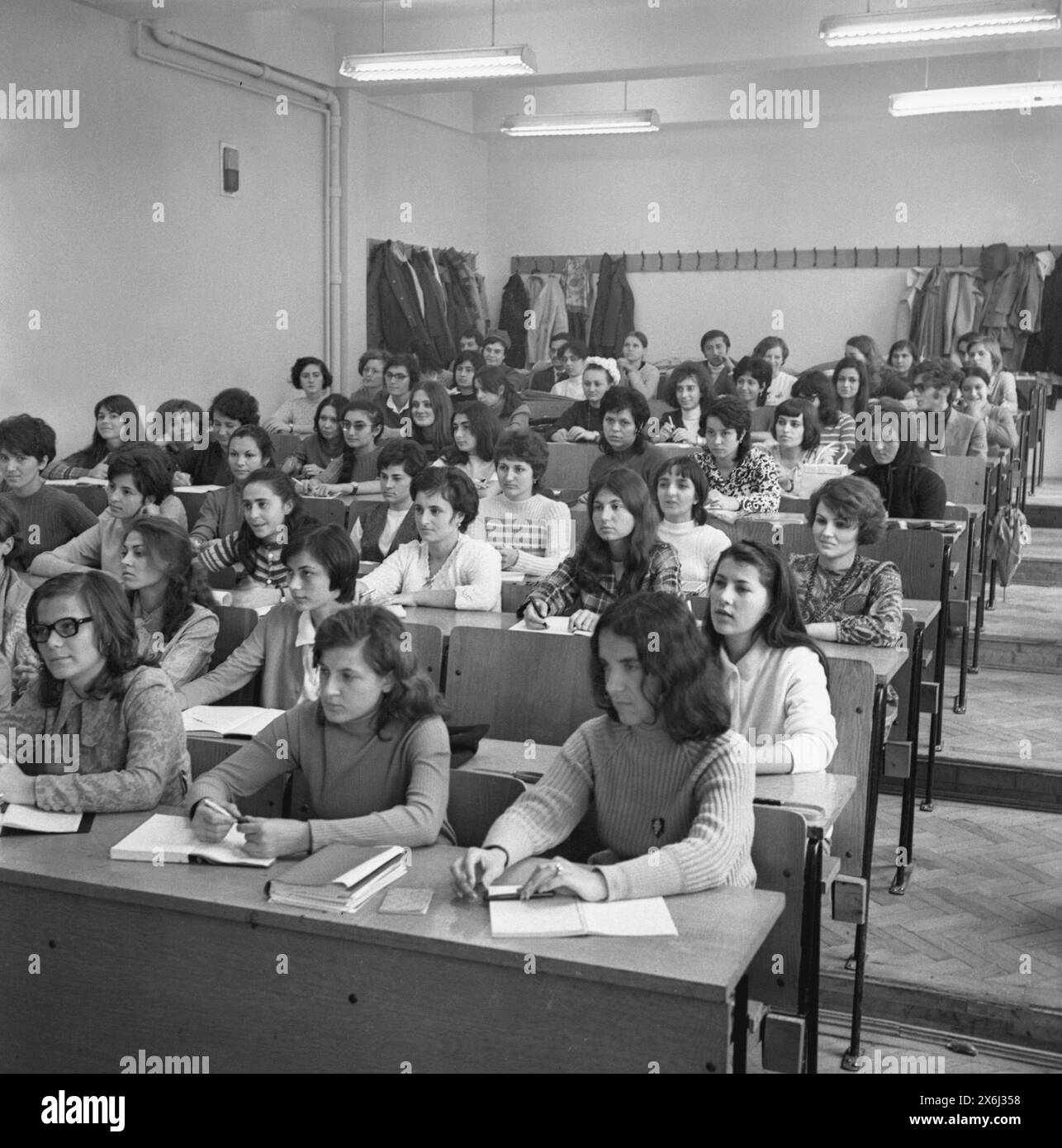 Socialist Republic of Romania in the 1970s. College students in class. Stock Photo