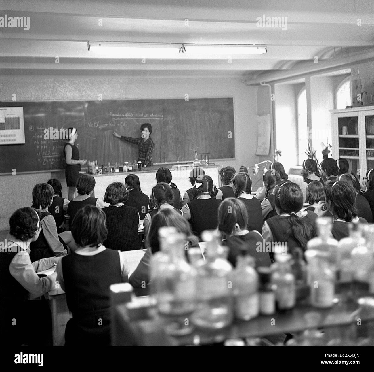 Socialist Republic of Romania in the 1970s. High-school students during a chemistry class in a governmental school. Stock Photo