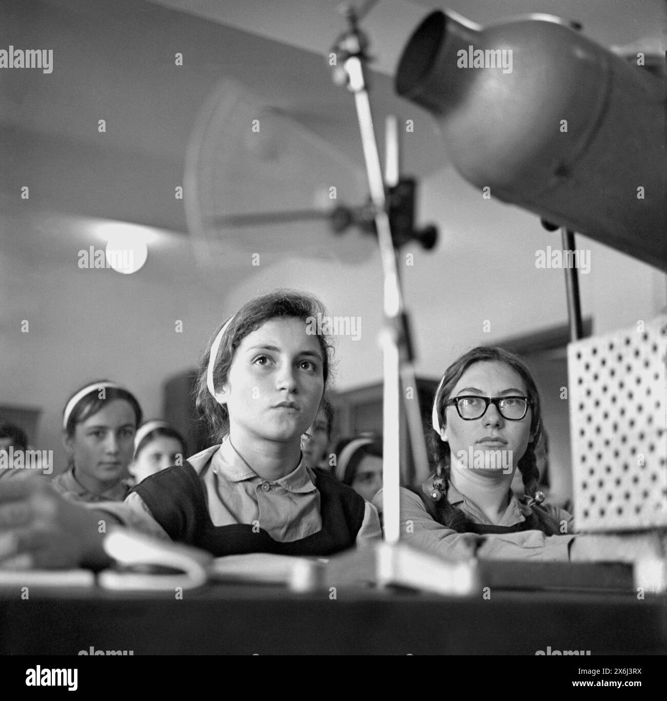 Socialist Republic of Romania in the 1970s. Students during a mechanical engineering class in a governmental school. Stock Photo