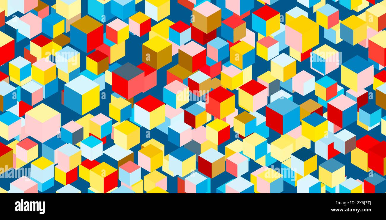 Abstract multicolor flying 3d cubes seamless pattern. Geometric vector background. Futuristic optical illusion Stock Vector
