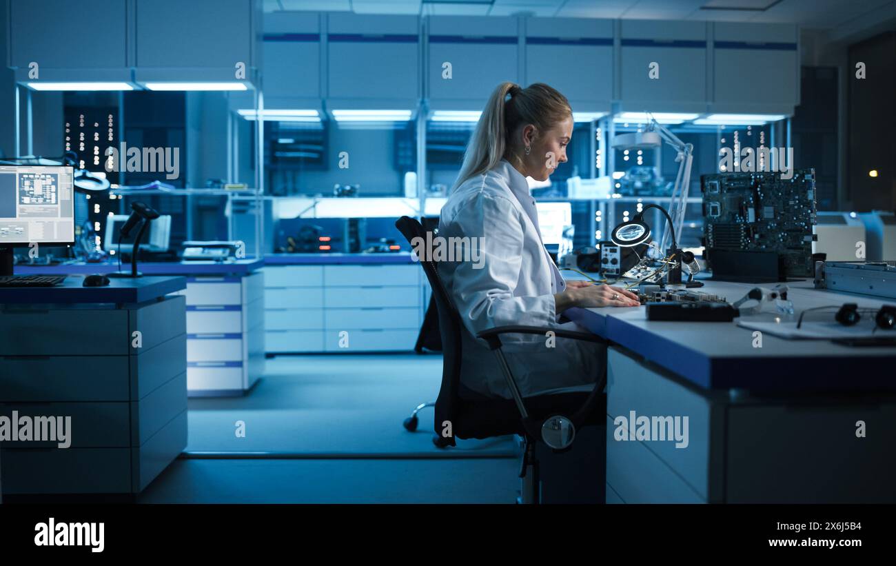 Modern Electronics Development Facility: Female Engineer Works with ...