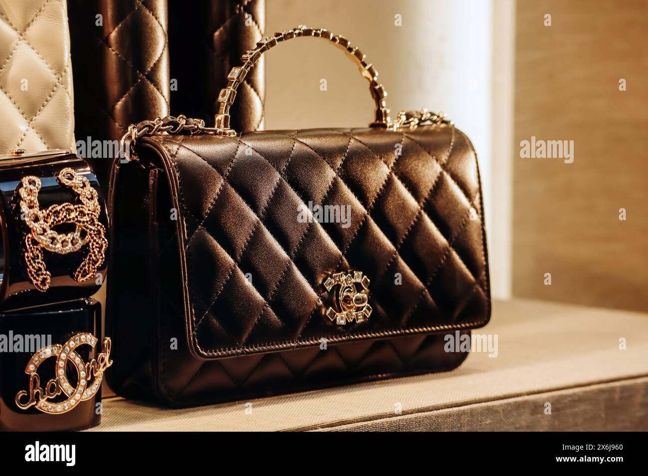 Nice, France - 28 January 2024: Chanel bag in the window of a flagship boutique in Nice Stock Photo