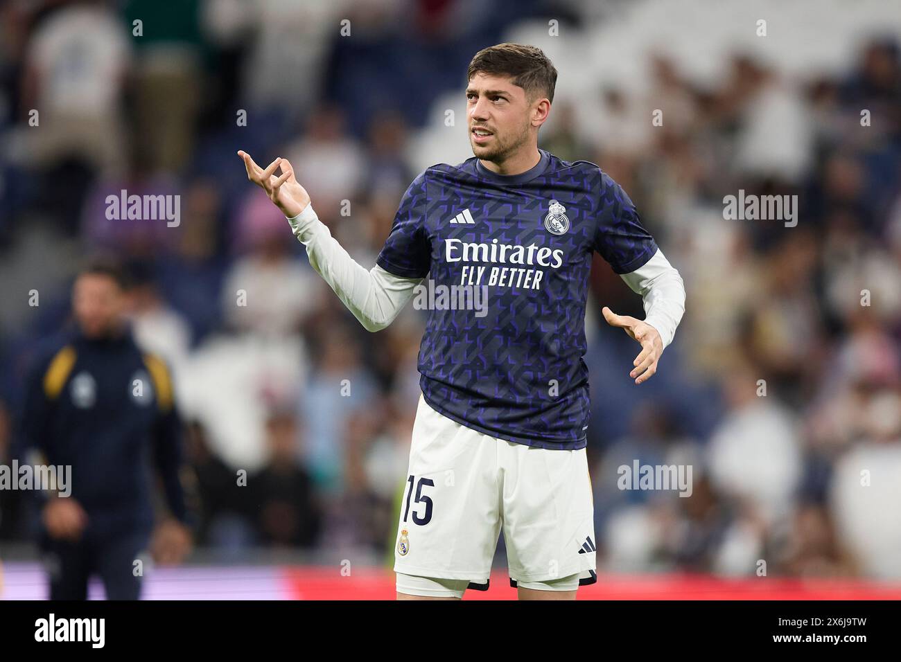 Madrid, Spain. May 14, 2024 Madrid, Spain. May 14, 2024 Federico Valverde of Real Madrid reacts prior to the LaLiga EA Sports match between Real Madrid CF and Deportivo Alaves at Estadio Santiago Bernabeu on May 14, 2024 in Madrid, Spain. (Photo by QSP) Stock Photo