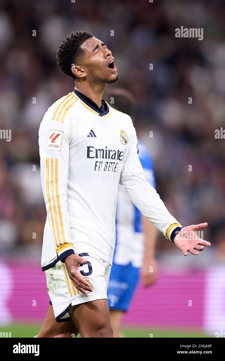 Madrid, Spain. May 14, 2024 Madrid, Spain. May 14, 2024 Jude Bellingham of Real Madrid reacts during the LaLiga EA Sports match between Real Madrid CF and Deportivo Alaves at Estadio Santiago Bernabeu on May 14, 2024 in Madrid, Spain. (Photo by QSP) Stock Photo