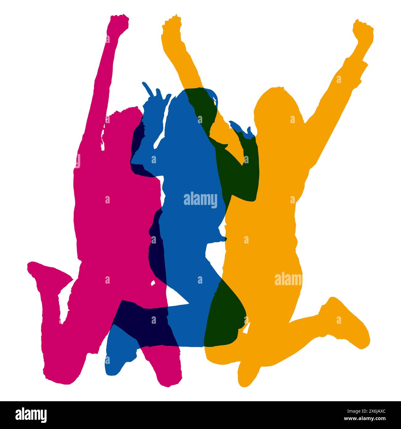 Colorful silhouettes of jubilant jumping adults as a joy of life concept Stock Photo