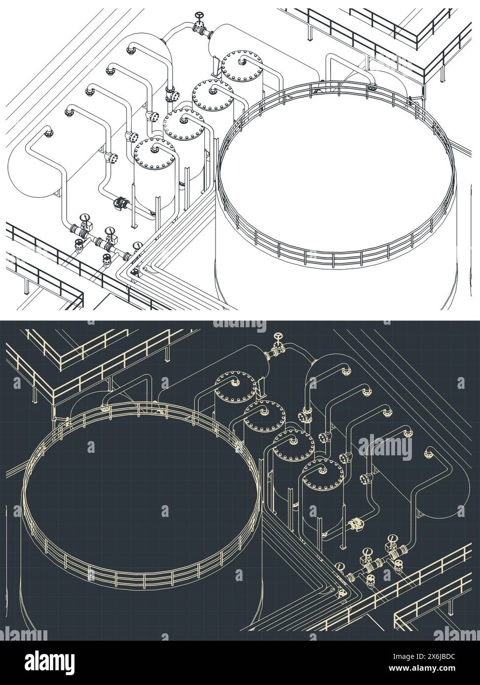 Stylized Vector Illustrations Of Isometric Blueprints Of Refinery Stock