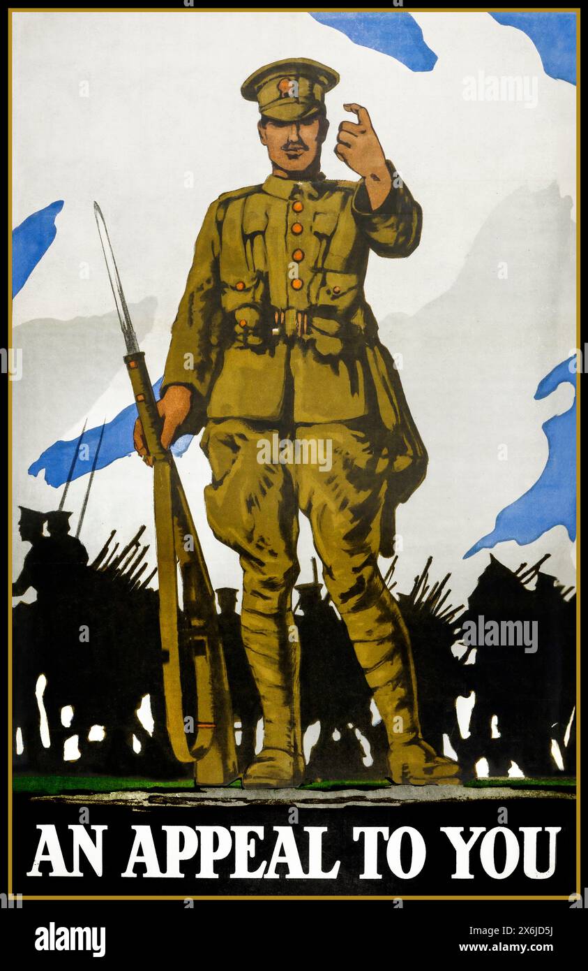 WW1 British Army Recruitment poster  'AN APPEAL TO YOU' British army soldier beckoning to join the fight against the Imperial Army of Germany 1914 World War I First World War Stock Photo
