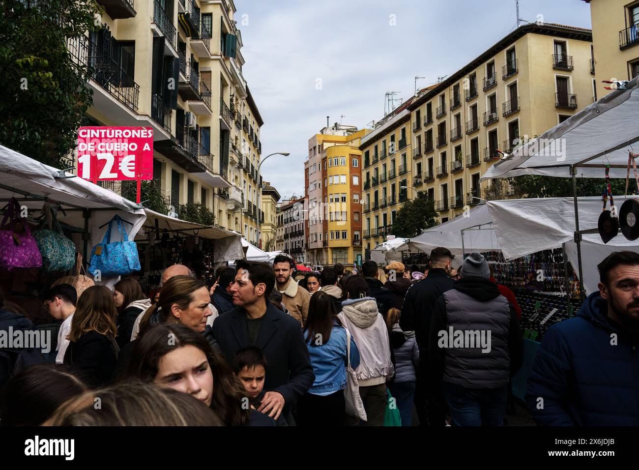 Madrid, Spain. February 11, 2024 - Crowded outdoor street market. Stock Photo