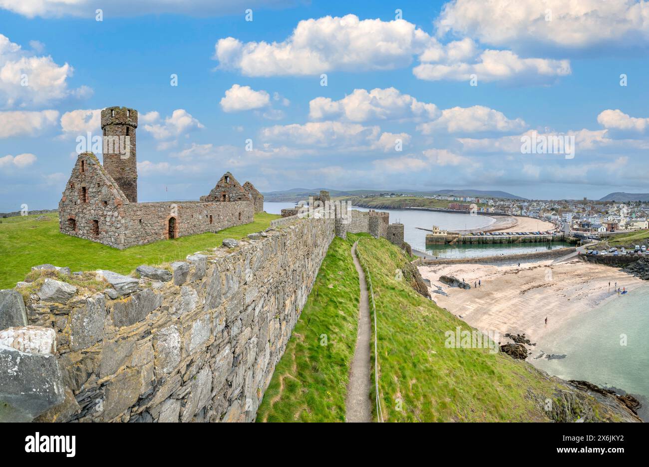 Inside the walls of Peel Castleand view over the town and beach, Peel, Isle of Man, England, UK Stock Photo