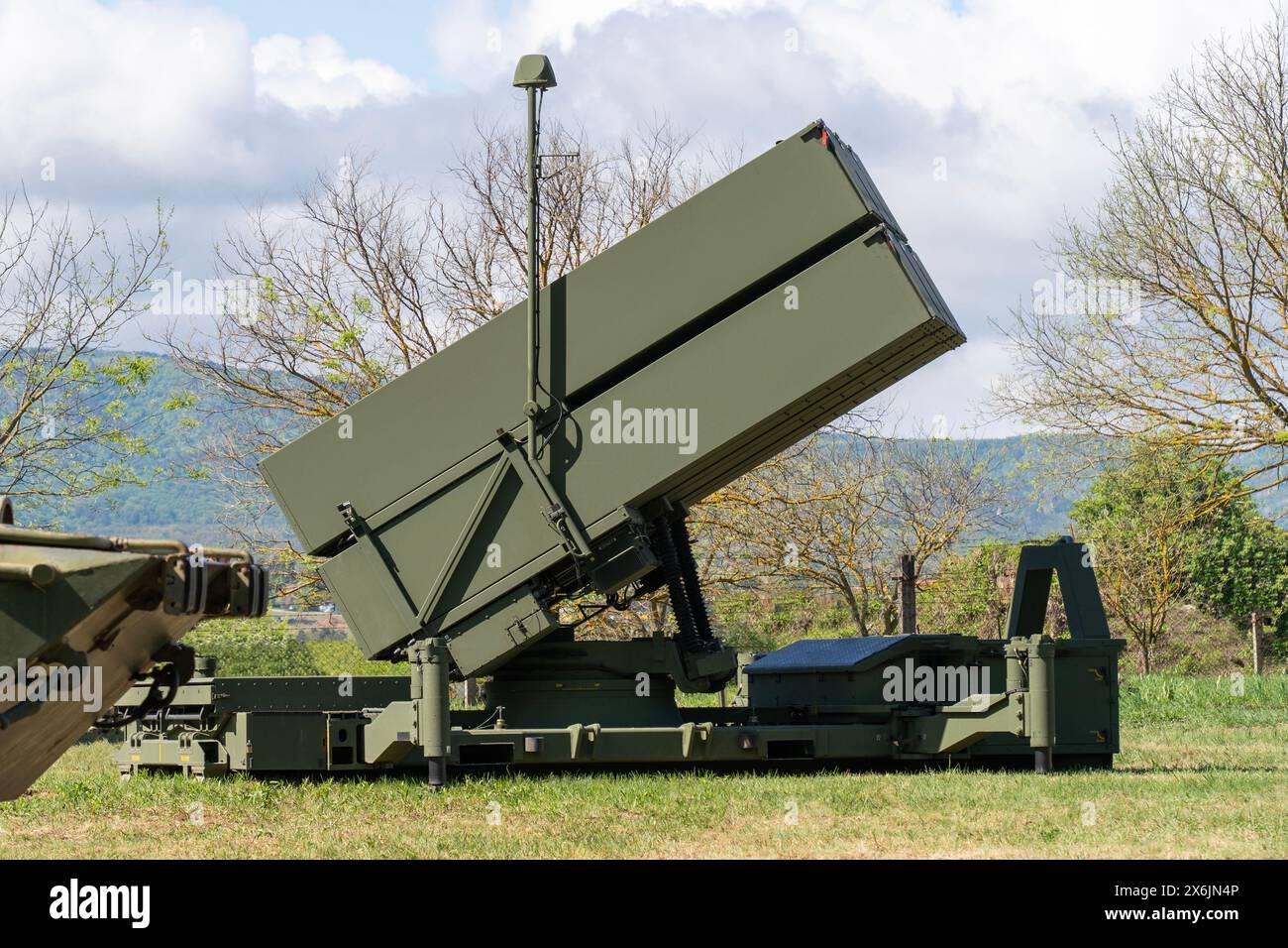 Modern NASAMS air defense missile system launch containers painted green Stock Photo