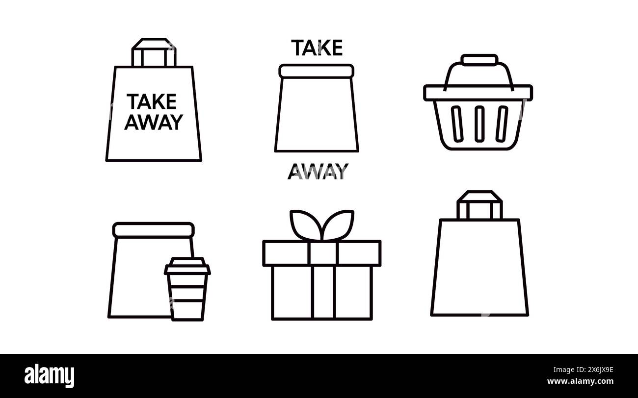 Vector Isolated Take Away Icon Set or Collection. Black and White Take Away Food Icon Set Stock Vector