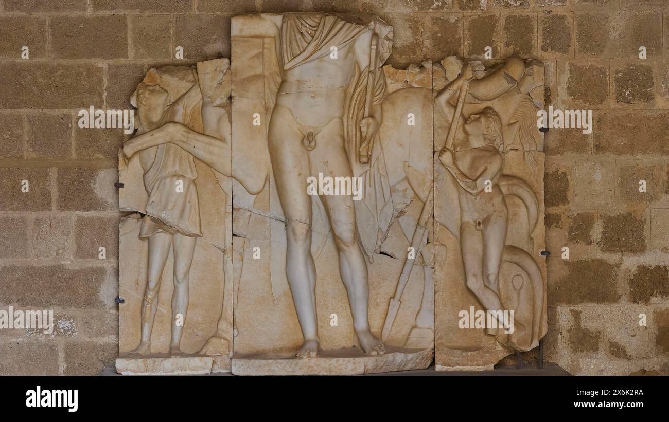 Heavily damaged antique relief with recognisable figures, interior view, Grand Master's Palace, Knights' Town, Rhodes Town, Rhodes, Dodecanese, Greek Stock Photo