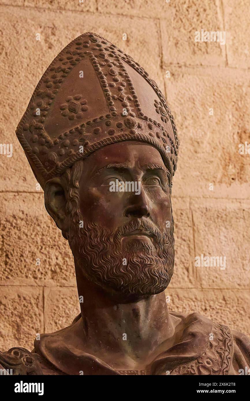 Detailed bust of a bearded bishop with mitre, interior view, Grand Master's Palace, Knights' Town, Rhodes Town, Rhodes, Dodecanese, Greek Islands Stock Photo