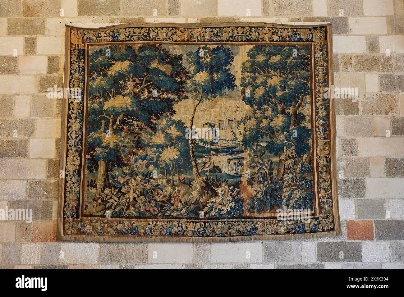 Old tapestry with detailed forest landscape, interior view, Grand Master's Palace, Knights' Town, Rhodes Town, Rhodes, Dodecanese, Greek Islands Stock Photo