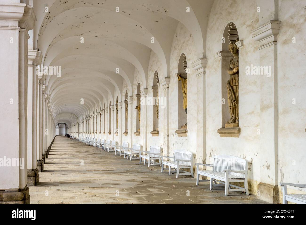 Perspective view of colonnade in Kvetna zahrada flower garden in Kromeriz, Czech Republic Stock Photo