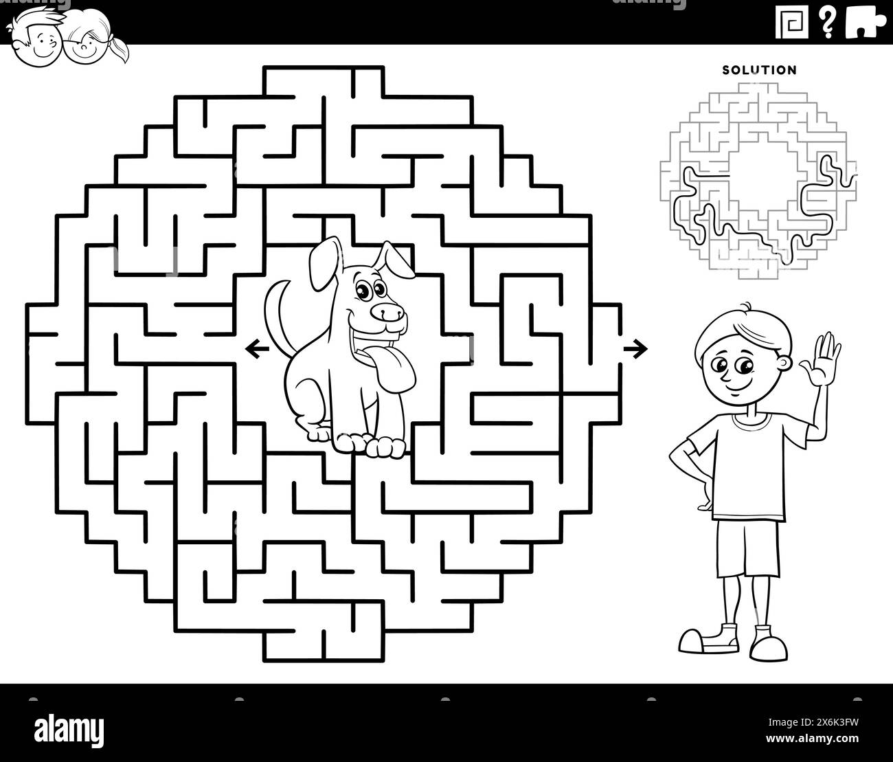 Cartoon illustration of educational maze puzzle game for children with teen boy and his puppy coloring page Stock Vector