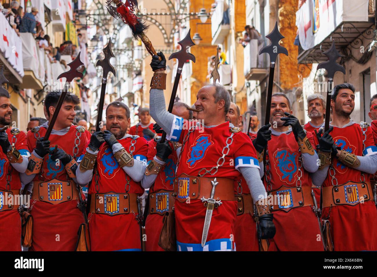 Alcoy, Spain, 04-20-2024: Almogavares row squad. Moors and Christians of Alcoy Stock Photo