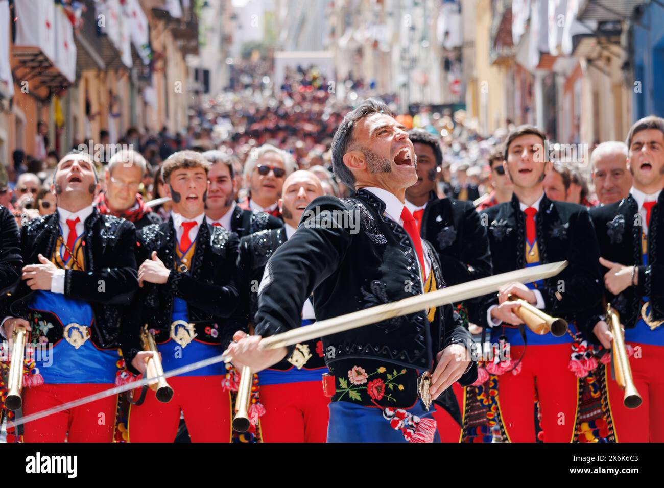 Alcoy, Spain, 04-20-2024: Andalusian row squad parade. Moors and Christians of Alcoy Stock Photo