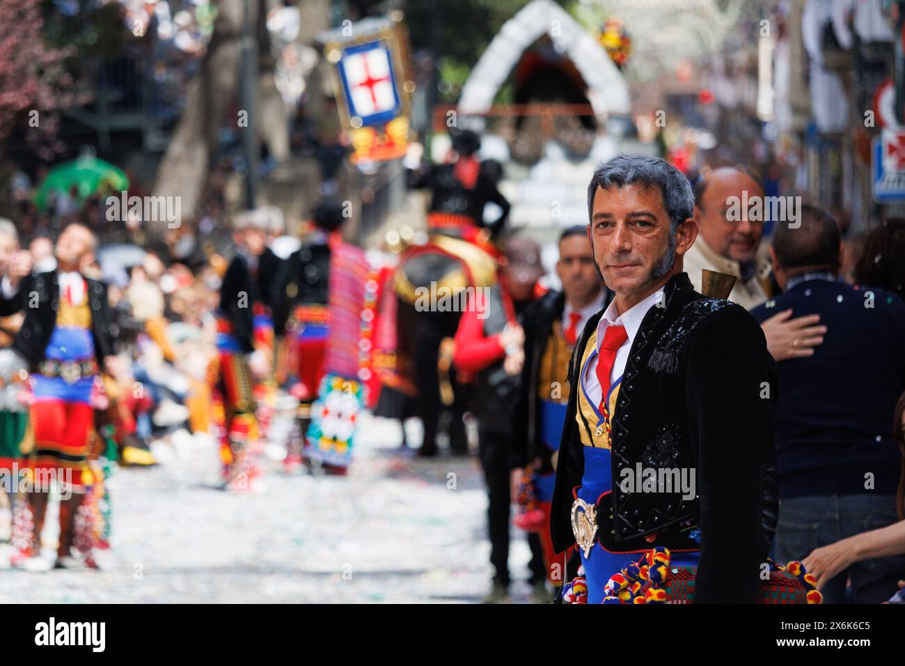 Alcoy, Spain, 04-20-2024: Andaluces row parade. Moors and Christians of Alcoy Stock Photo