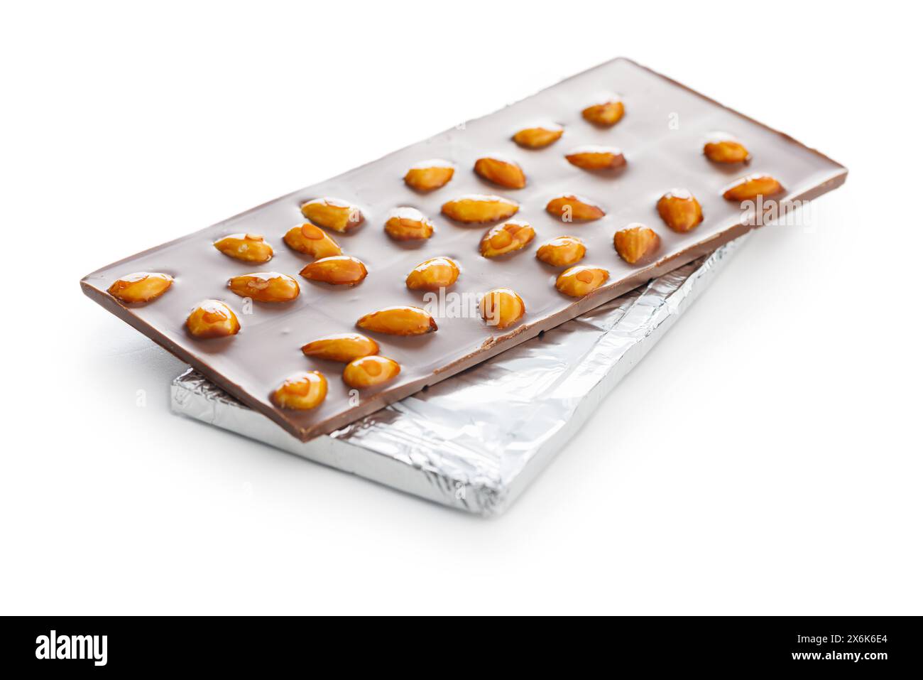 Chocolate bar with almonds isolated on a white background. Stock Photo