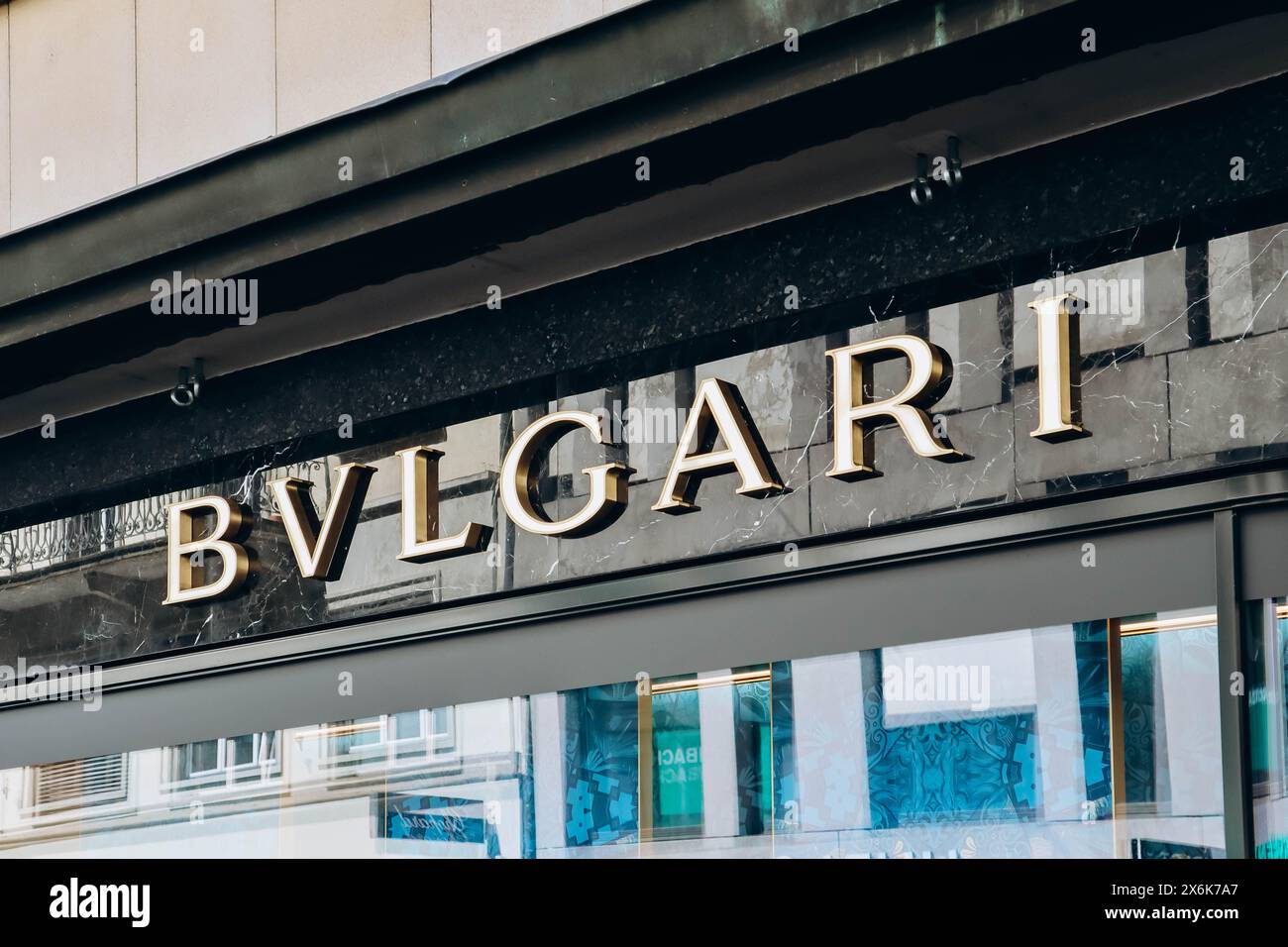 Lucerne, Switzerland - August 10, 2023: Signboard of Bulgari boutique in downtown Lucerne, Switzerland Stock Photo