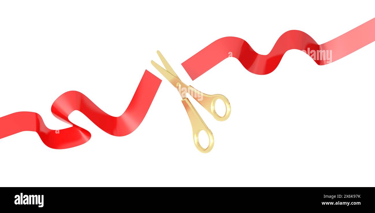 Ribbon Cutting. Grand opening ceremony. Scissors cut red ribbon. Isolated. 3d illustration. Stock Photo