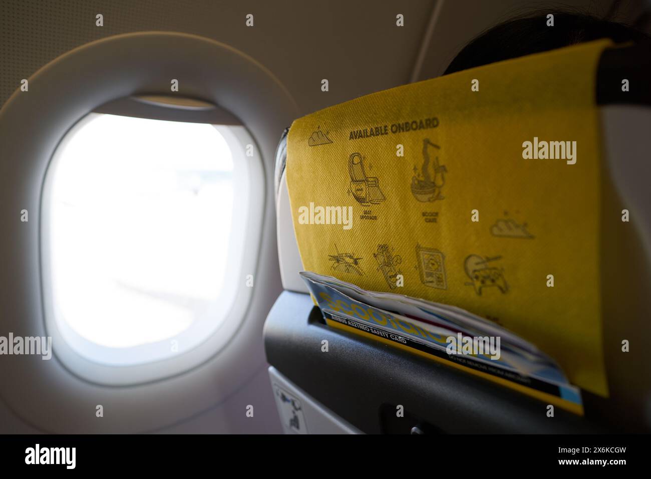 SINGAPORE - NOVEMBER 07, 2023: window in economy class at Scoot Airbus A321neo. Stock Photo