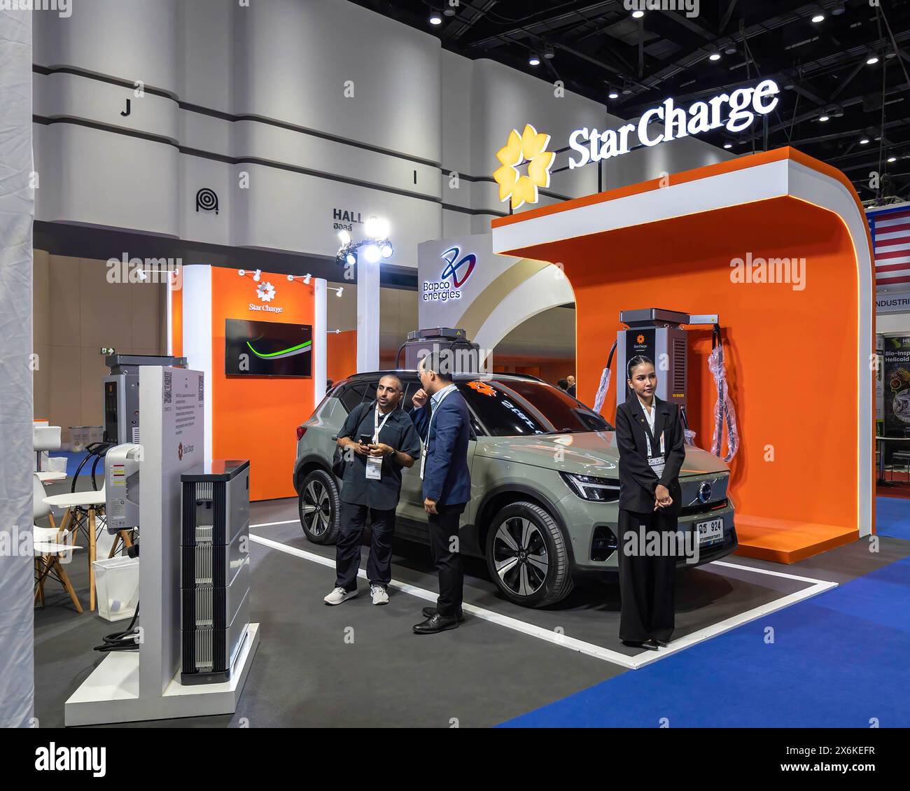 A view of the booth of Star Charge, a company leader in electric vehicle charging infrastructure and microgrid solutions, at the Future Mobility Asia exhibition, at the Queen Sirikit National Convention Centre. Asia's rapid urbanization has brought significant economic and social benefits but has also increased congestion and pollution. The event Future Mobility Asia Exhibition and Summit, brings together industry leaders, innovators, and policymakers driving Asia's mobility transformation. (Photo by Nathalie Jamois/SOPA Images/Sipa USA) Stock Photo
