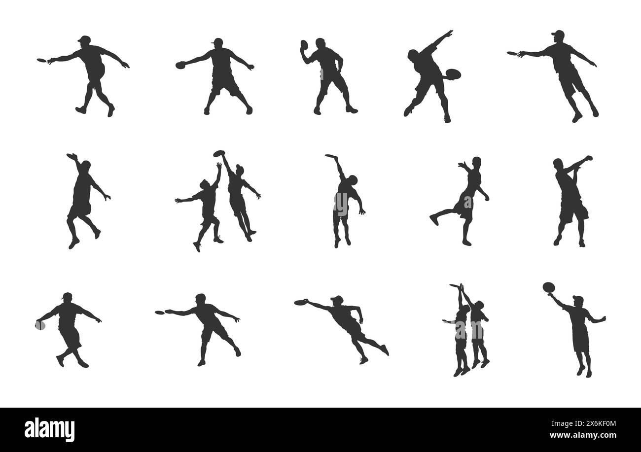 Disc golf player silhouette, Disc golf silhouette, Disc golf player, Disc golf player vector set. Stock Vector