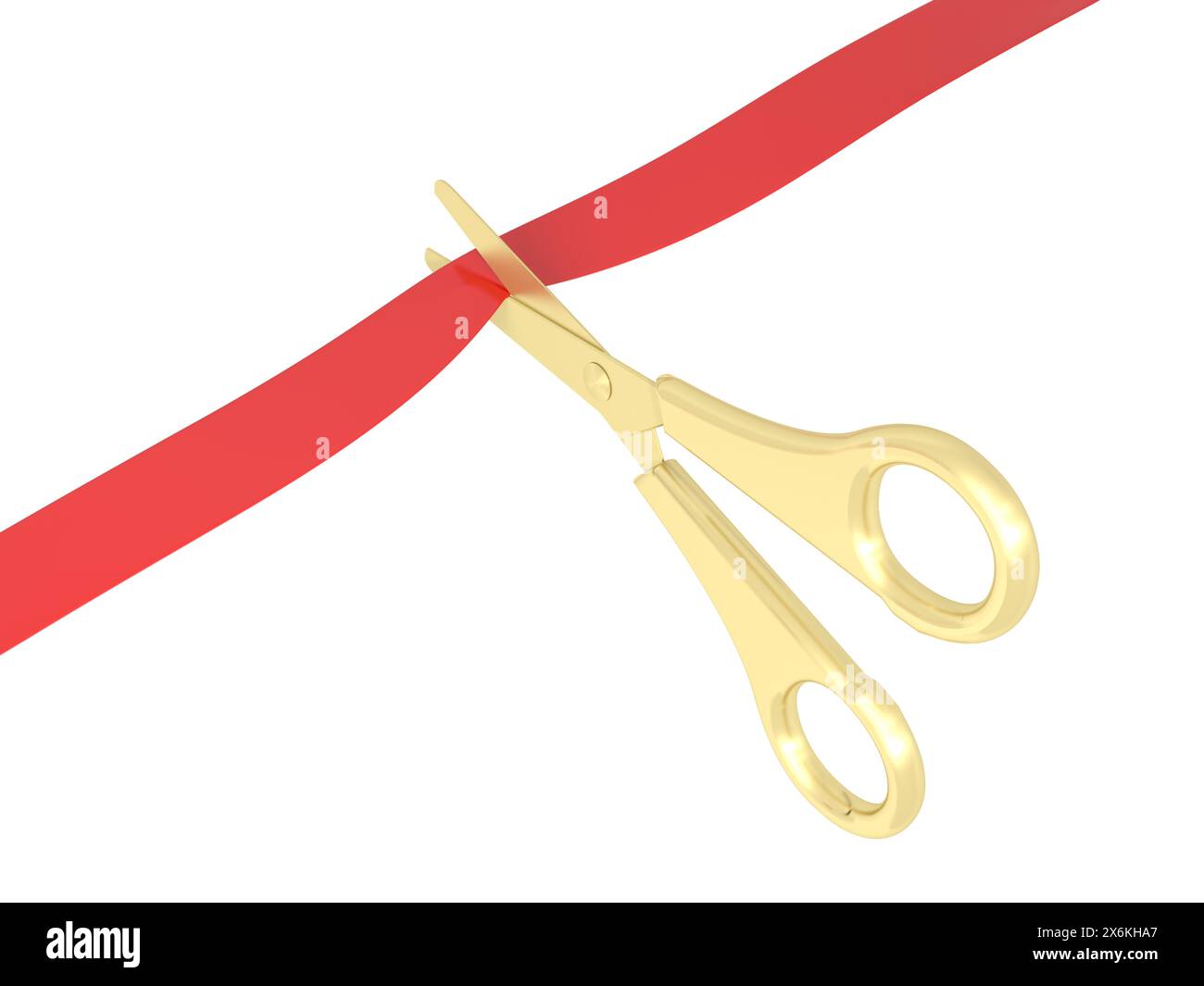 Ribbon Cutting. Grand opening ceremony. Scissors cut red ribbon. Isolated. 3d illustration. Stock Photo